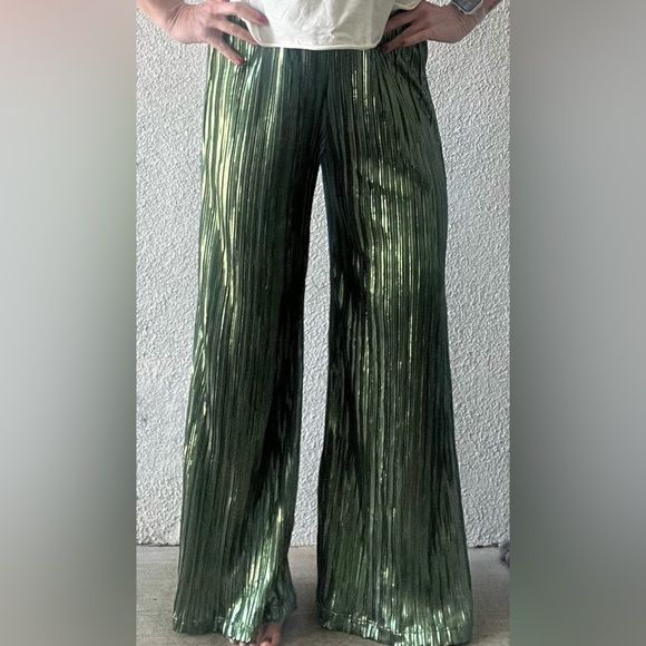 NWOT Nightcap Clothing green metallic pleated wide leg pants small pull on style - Picture 6 of 8